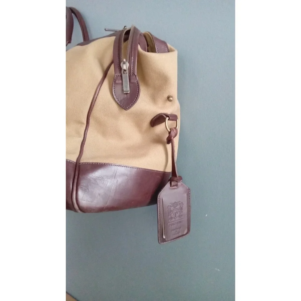 Vintage Canvas Leather Trim Travel Duffel‎ Bag Brown Leather Accents
